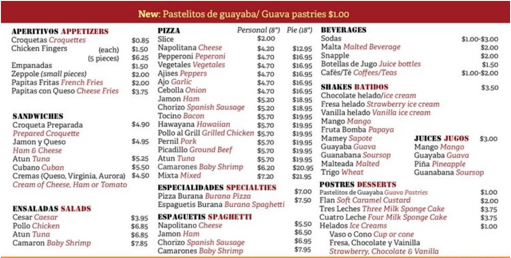 Burana Pizzeria Cubana Menu image 1